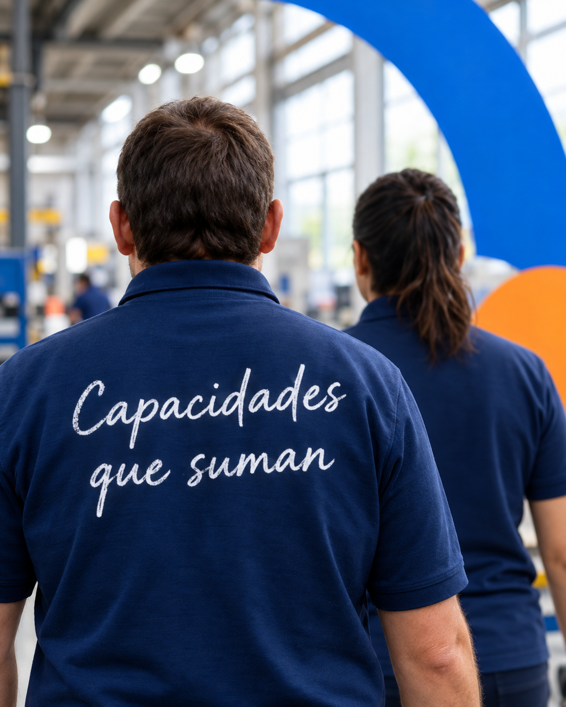 Dos trabajadores de espaldas con el lema «Capacidades que suman» en el polo